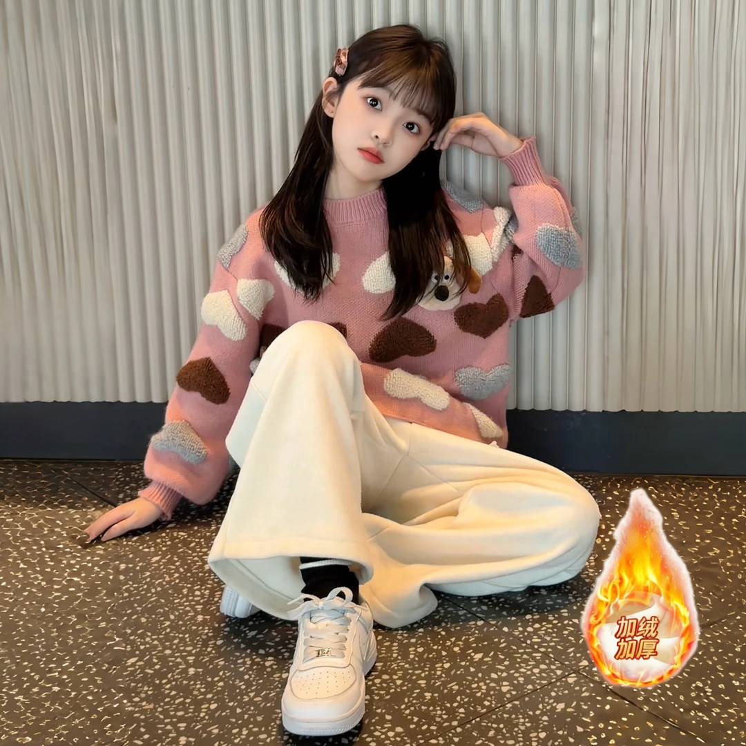 女童秋冬新款卡通爱心立体小狗圆领针织毛衣休闲阔腿加绒裤两件套