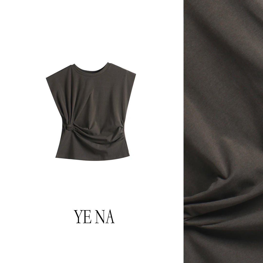 拼接短袖圆领常规款T恤轻奢纯色夏季无袖不规则设计感-SY408