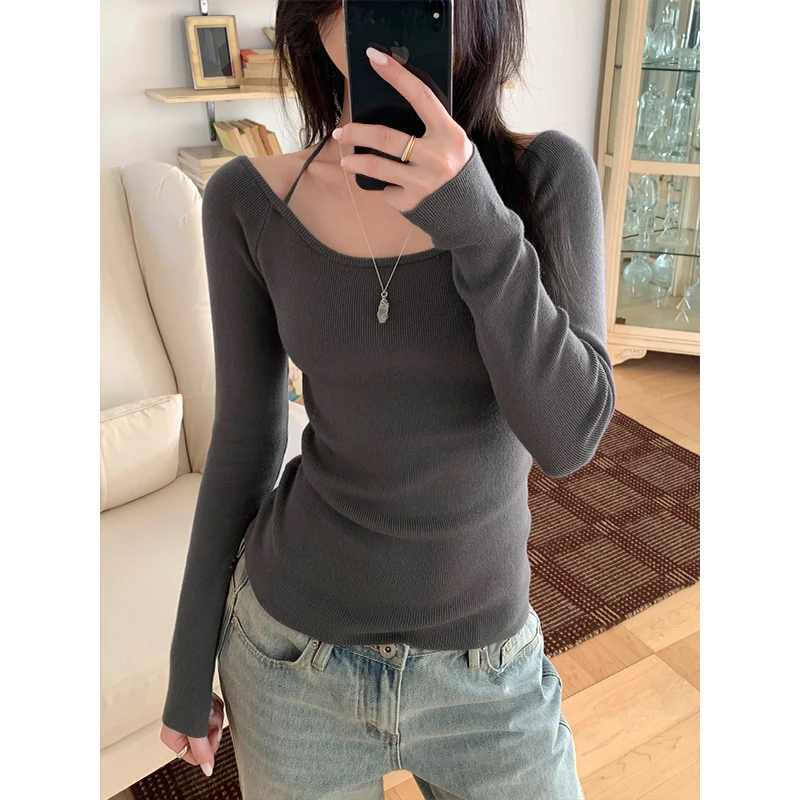 Miss sumeyY3651自制性感辣妹修身别致针织衫女新款挂脖绑带上衣