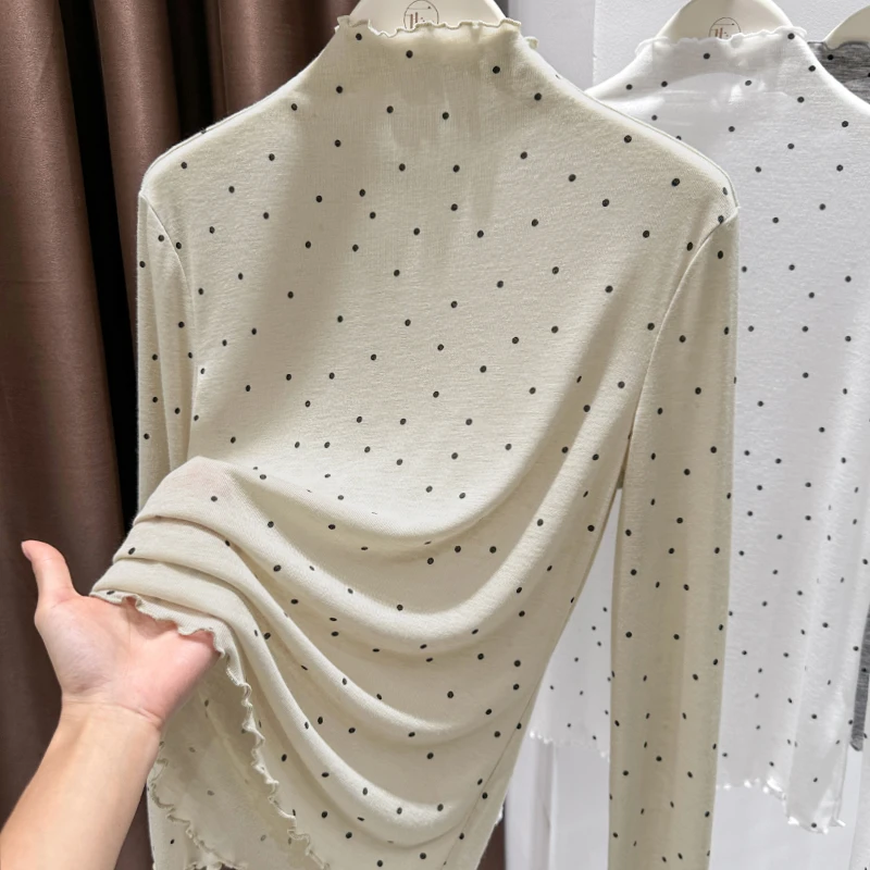 半高领透视波点时尚长袖T恤秋季新款木耳边修身针织上衣薄款小衫