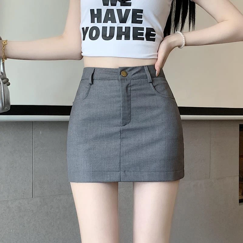 灰色西装半身裙女夏季2025新款小个子高腰休闲防走光a字包臀短裙