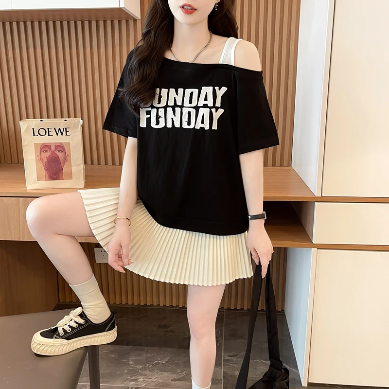 设计感斜领露肩短袖T恤女夏季韩版宽松时尚百搭休闲减龄半袖上衣