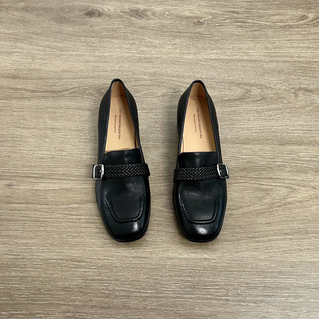 Dannyfrey头层水洗牛皮英伦风编织金属扣女春秋通勤乐福鞋3.5CM