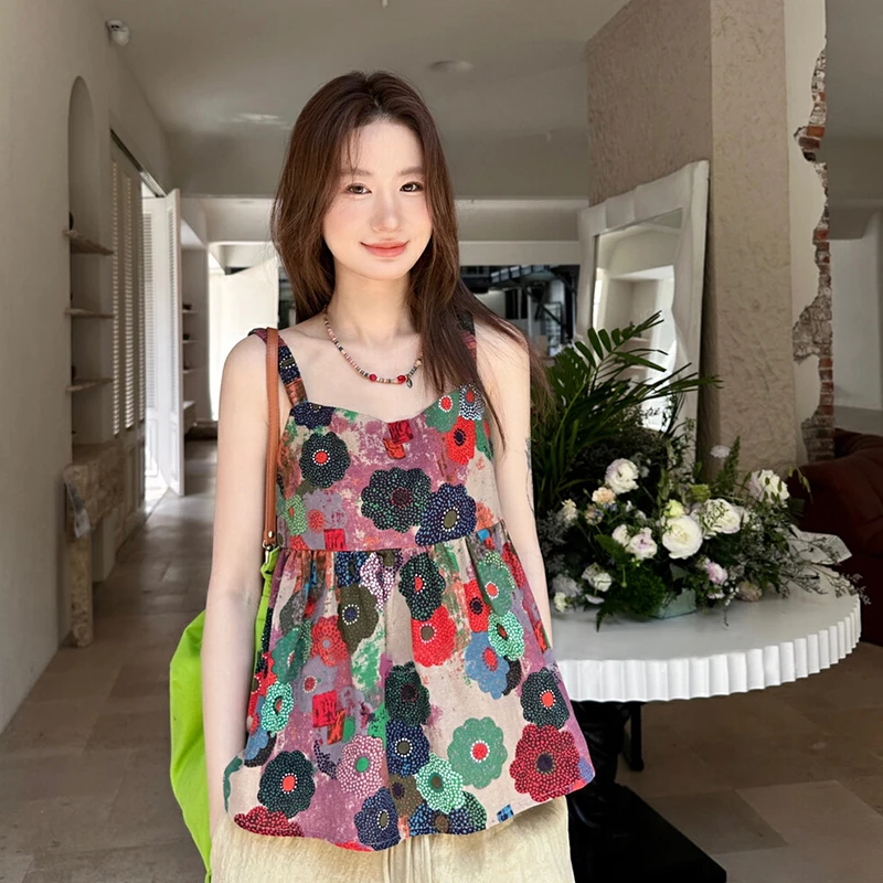 法式复古油画印花吊带背心女夏新款度假风设计感宽松外穿无袖上衣