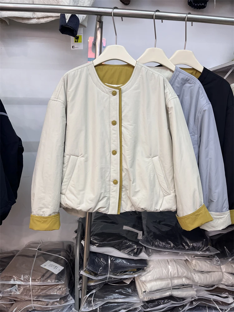 2025秋冬新款韩系糖果色单排扣拼色夹棉外套女圆领时尚简约棉衣潮