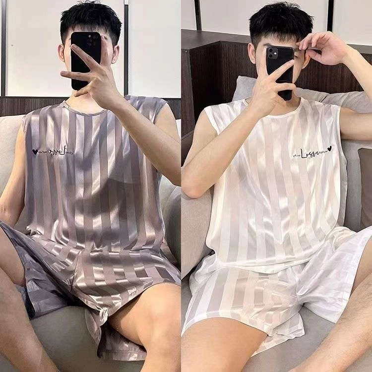 夏天学生青少年家居服套装夏季冰丝家居服CD男士夏季冰丝睡衣套装