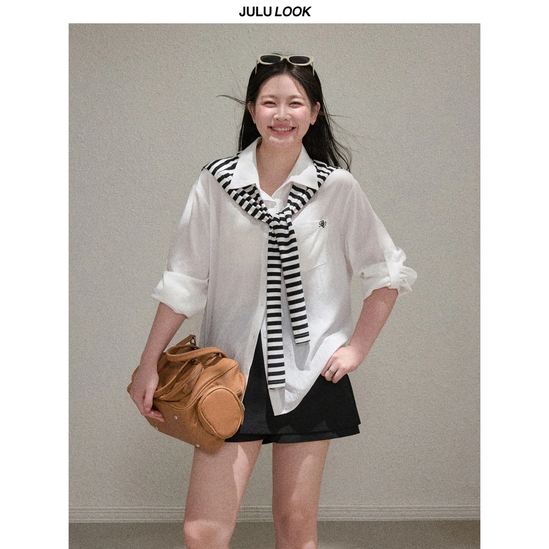 巨鹿工作室“釉光奶霜”微胖mm小披肩宽松长袖衬衫防晒衫大码上衣