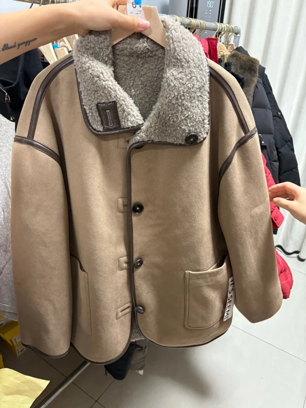 短外套冬季纯色休闲风常规款棕色长袖翻领