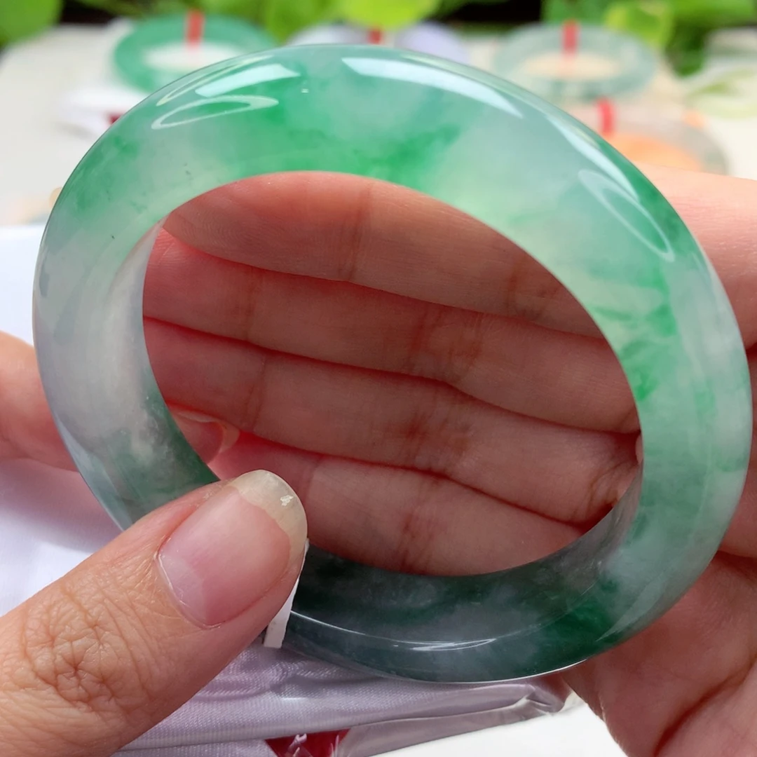 未镶嵌手镯翡翠55.3冰飘阳绿花 一镯两带 贵气 喵喵