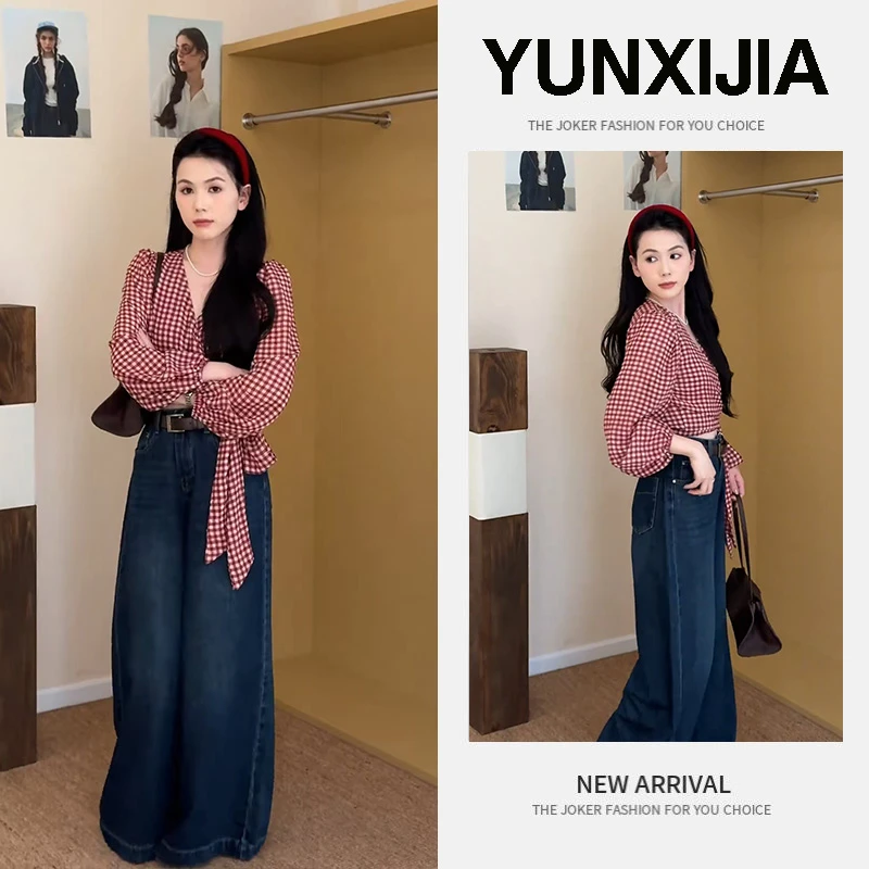 秋季2025年时尚百搭长袖女士绑带格纹短款衬衫韩版牛仔长裤两件套