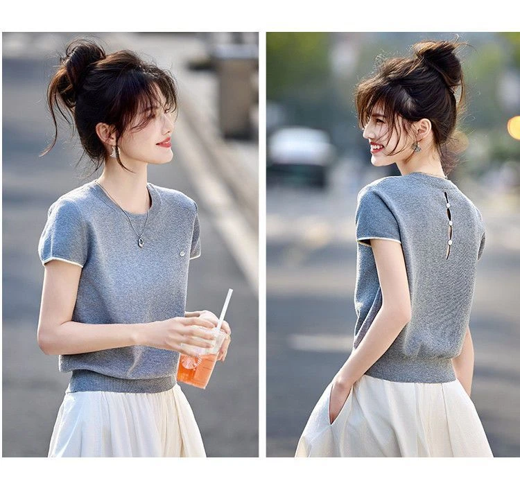 2025新款夏季韩版气质百搭短袖冰丝针织上衣女圆领套头洋气T恤