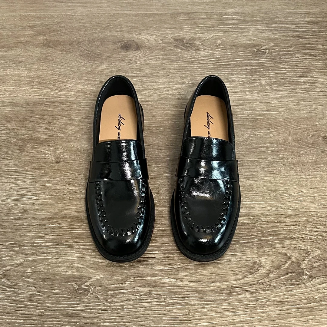 Dannyfrey牛皮新款软皮软底女编织圆头一脚蹬中跟手工乐福鞋2.5cm