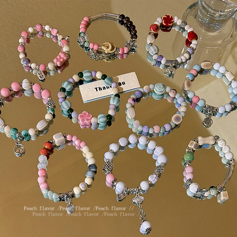 合金陶瓷手链 可爱陶瓷花朵串珠手链小众精致手串彩色多巴胺手饰