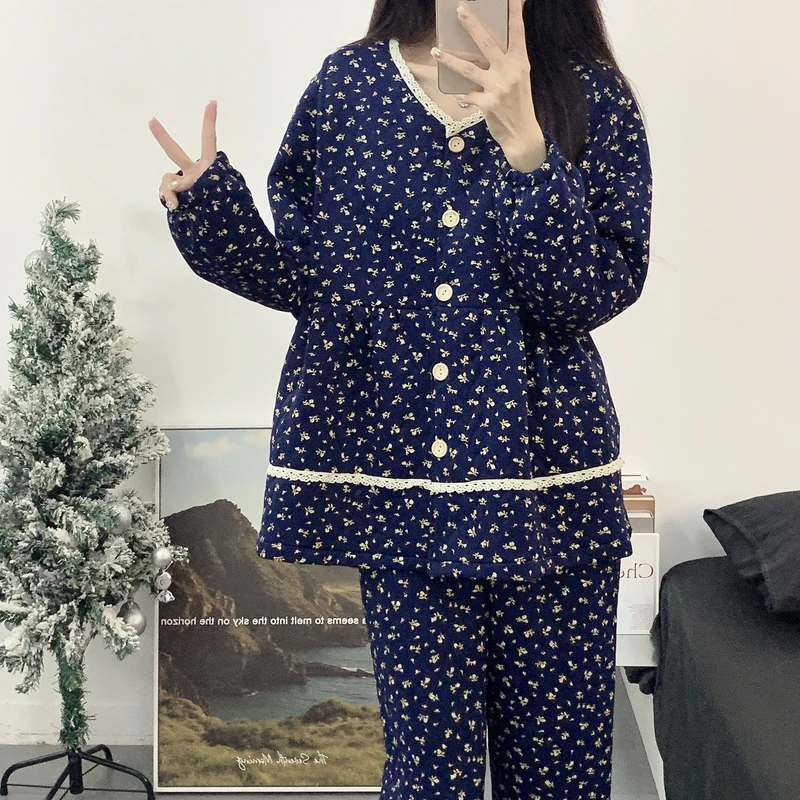 孕妈妈睡衣春秋款空气棉产后带胸垫月子服产妇哺乳喂奶秋冬家居服