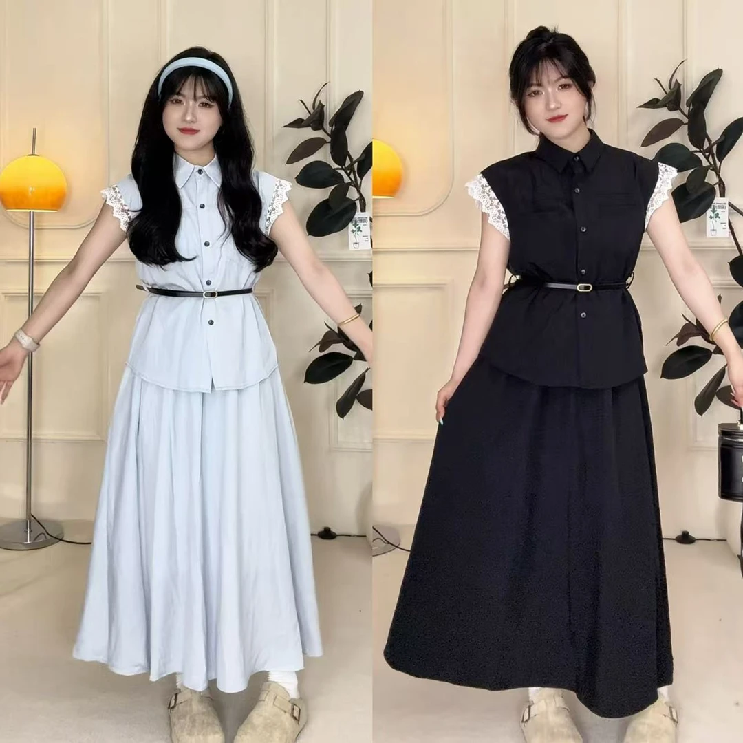 2025夏季新款大码女装工装风蕾丝拼接短袖上衣半身裙套装
