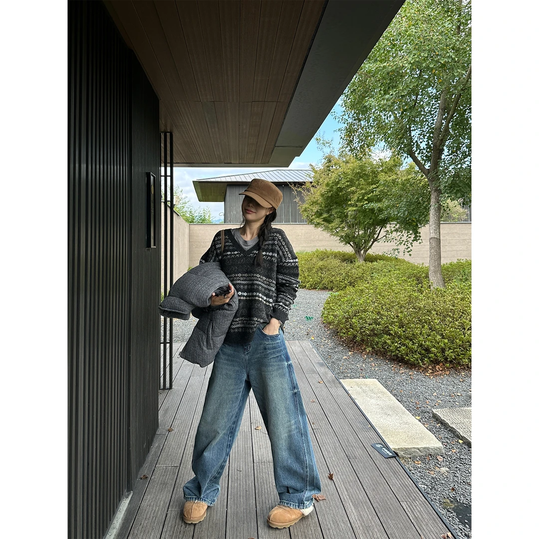 DYANGJUN【 南海假日】冬季新款撞色线迹宽松牛仔裤