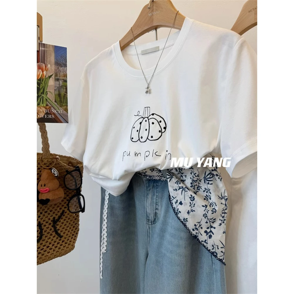 胖妹妹240斤大码南瓜刺绣休闲纯棉短袖T恤女夏季新款韩系百搭上衣