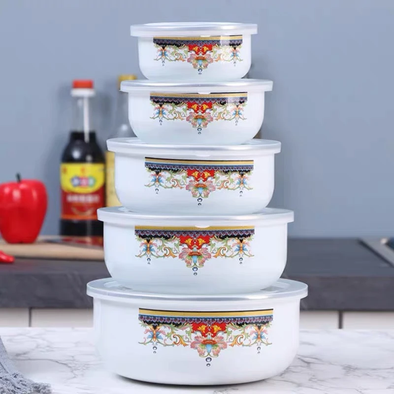 加厚珐琅搪瓷带盖五件套保鲜盒储藏密封碗冰箱保鲜套碗【珍品】