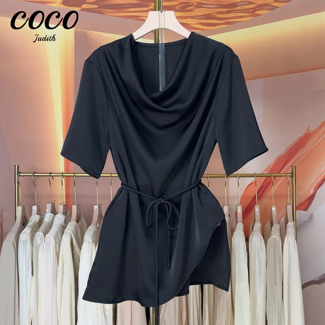 现货【RG415】新款收腰百搭高档减龄显瘦褶皱系带优雅设计师女装T恤