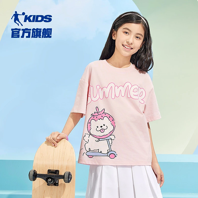 中国乔丹儿童女童圆领短T薄款2025新款夏季中大童休闲童装
