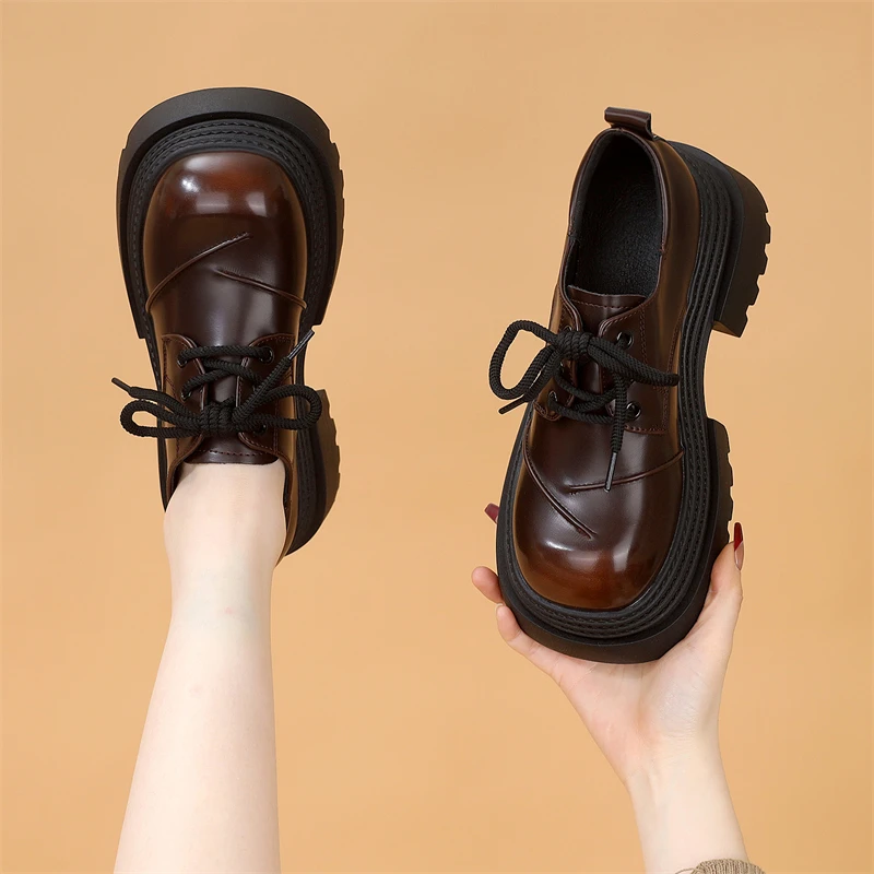 英伦风2025年春季新款欧货真皮厚底小皮鞋女时尚小个子增高乐福鞋