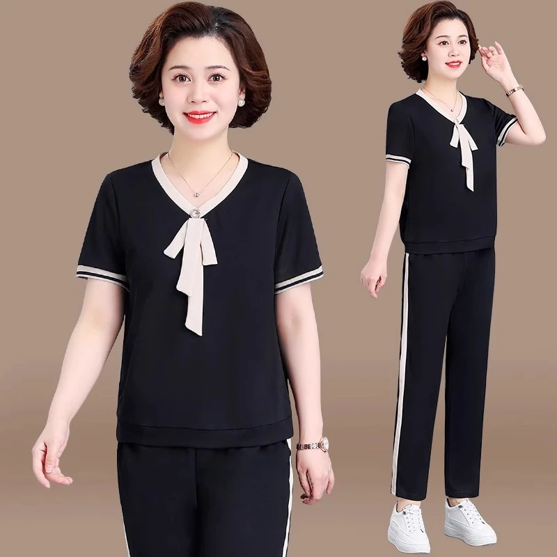 中年妈妈夏装套装2025新款洋气短袖T恤中老年上衣运动服女装夏季