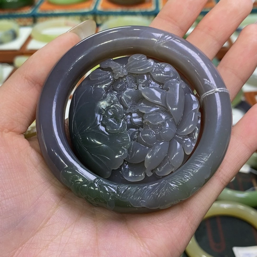 和田玉手镯未镶嵌青海紫翠55-56