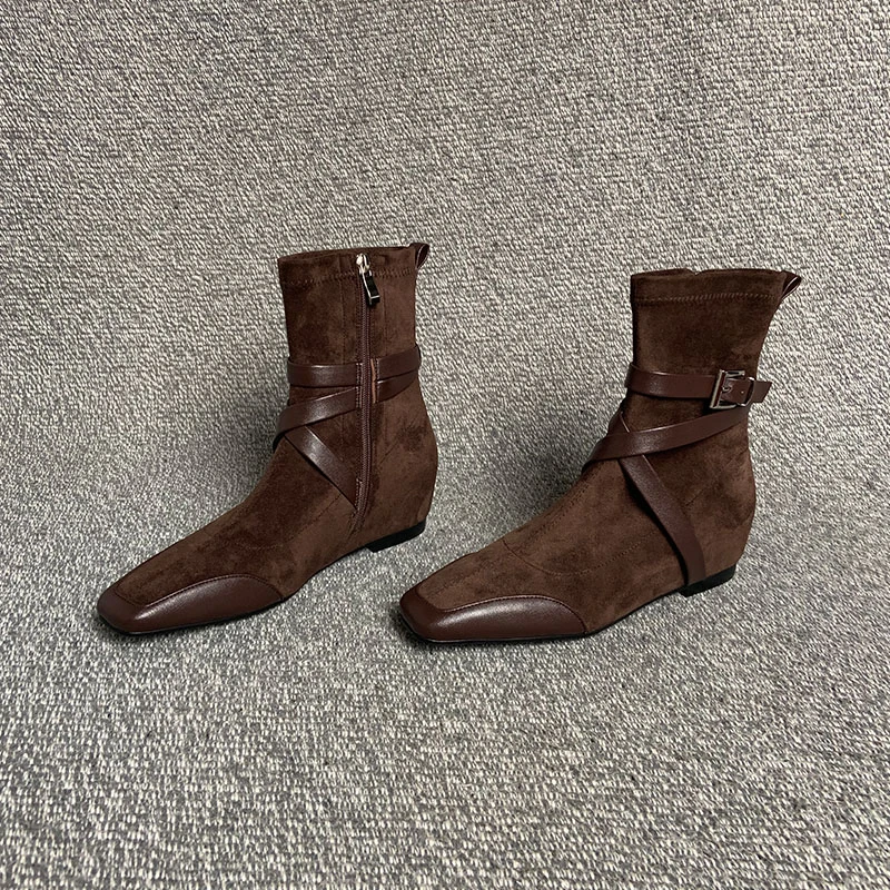 露涵思 洋气小踝靴方头皮带扣侧拉链瘦瘦靴内增高配大衣短靴女