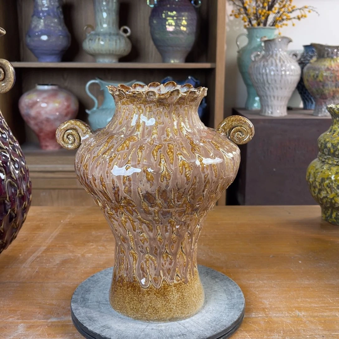 摆件陶瓷花瓶高24.5口径7.5盘泥微瑕