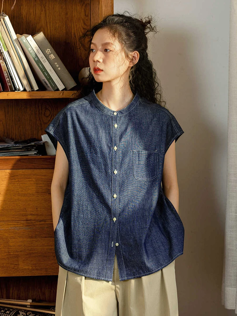日系复古休闲蓝色牛仔衬衫外穿女宽松百搭薄款短袖上衣新款衬衣