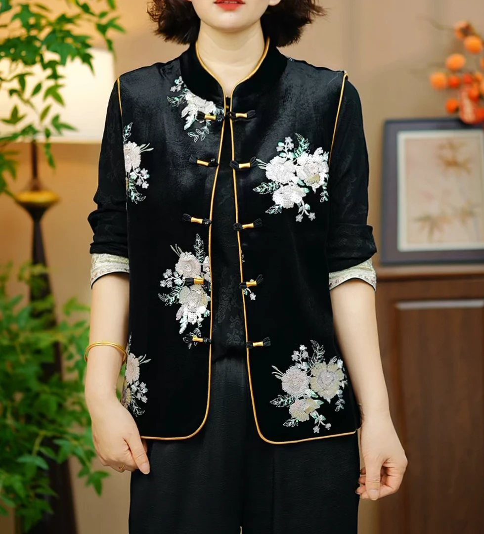 秋季刺绣花立领气质百搭中国风免烫宽松妈妈装马甲667