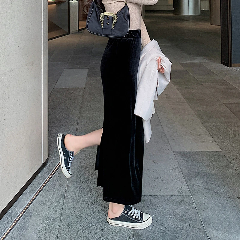 裙子女款爆款2025新款黑色包臀长裙高腰开叉时尚显瘦金丝绒半身裙