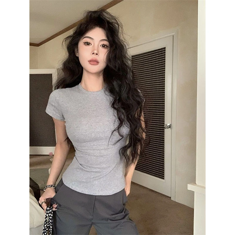 纯色正肩紧身短袖T恤女夏季简约百搭收腰修身显瘦辣妹纯欲上衣ins