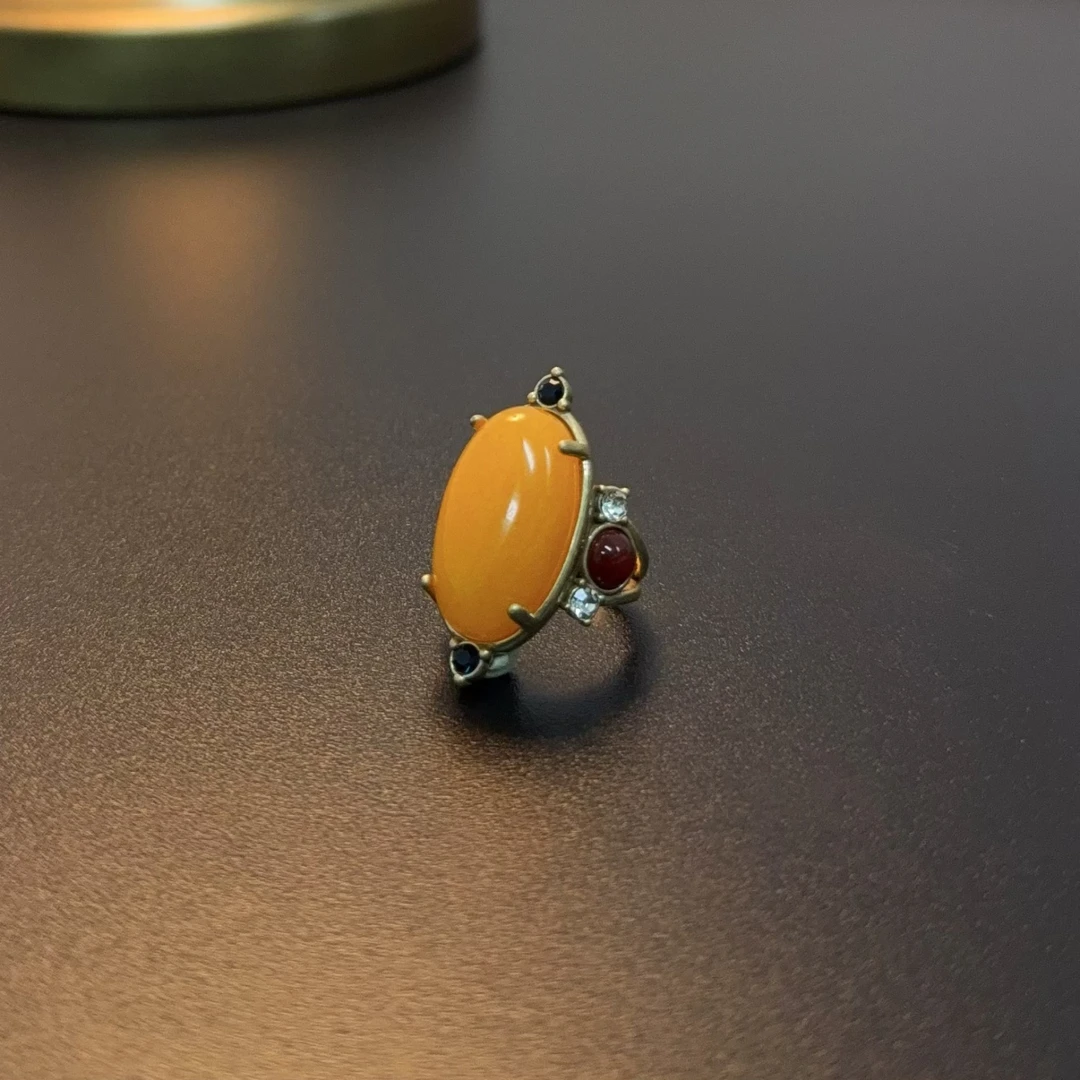 铜合金玻璃戒指 复古风黄色高级感宫廷开口可调节RICuc 0453