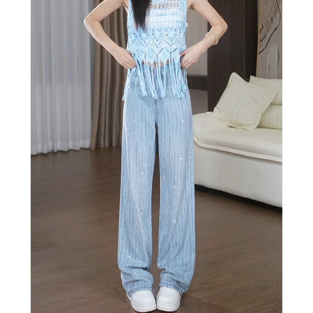 137重工满钻天丝夏季薄款牛仔阔腿裤女2025年高腰宽松显瘦拖地长