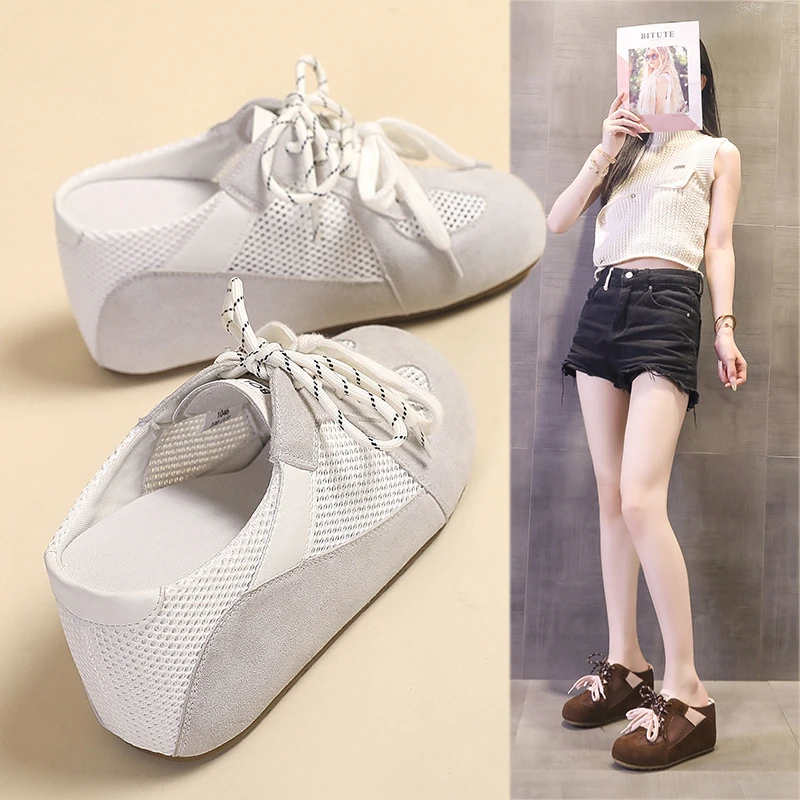 增高9cm薄底休闲半托德训鞋增高女鞋真皮百搭女鞋网面包头拖鞋