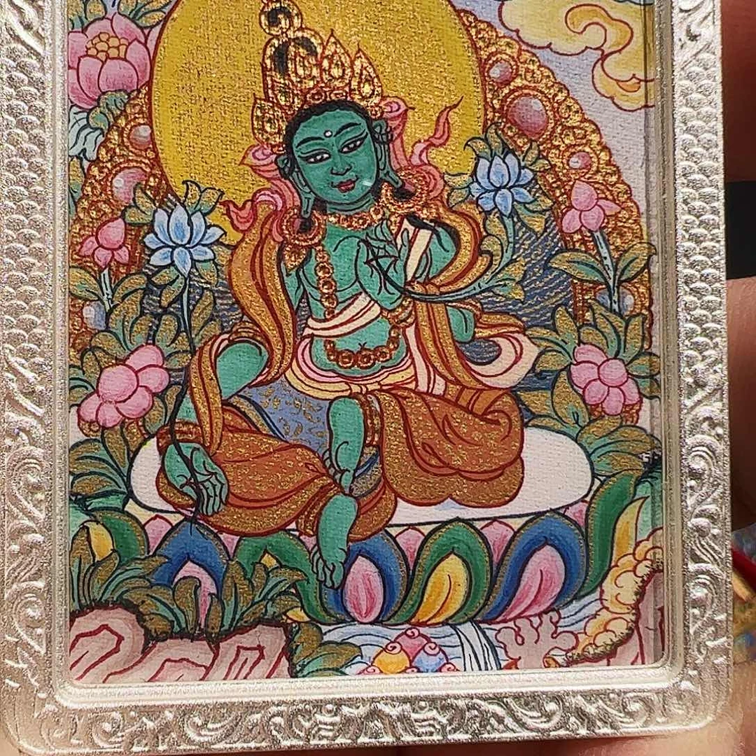 吊坠热贡手绘绿度母唐卡