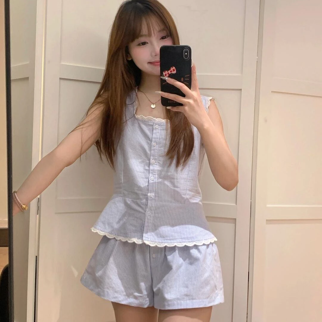 云朵棉新款睡衣女夏季纯欲蓝白条纹背心短裤可爱套装可外穿家居服