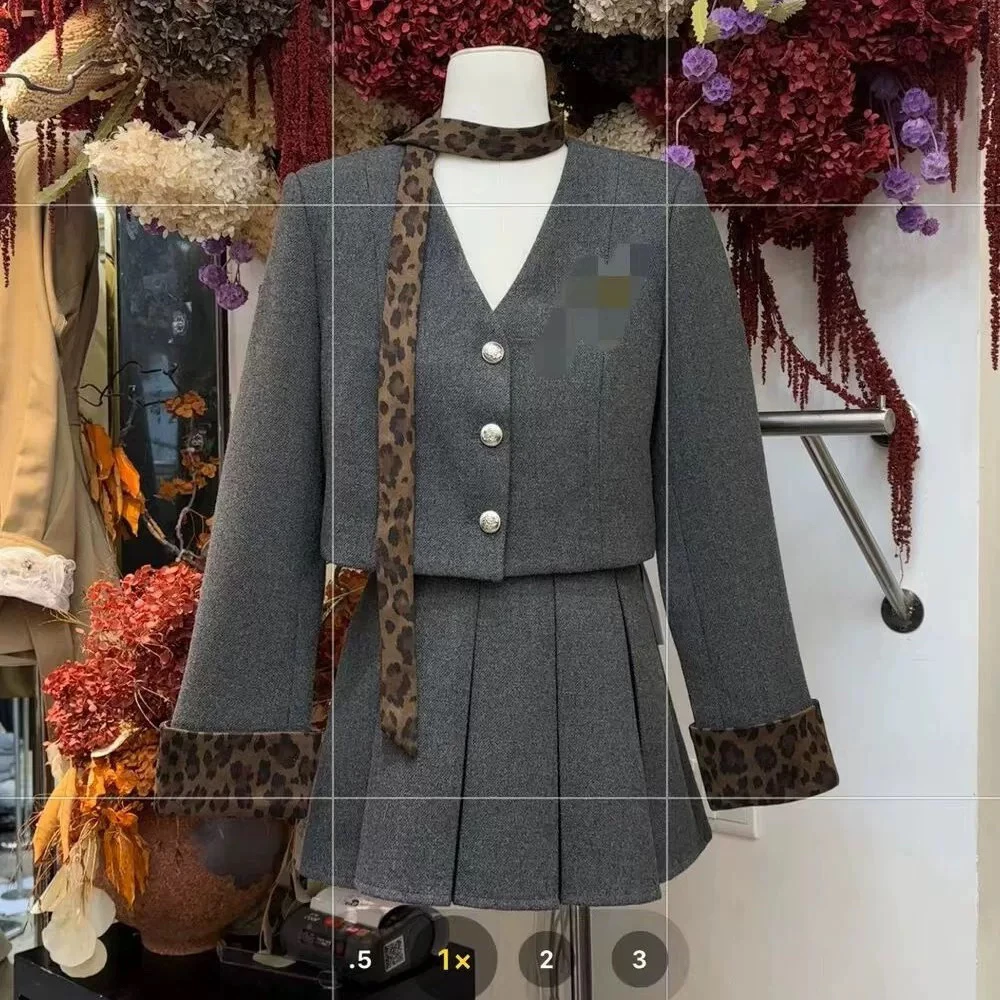 法式轻奢豹纹撞色呢子小香风加棉套装欧洲站高级感时尚洋气三件套