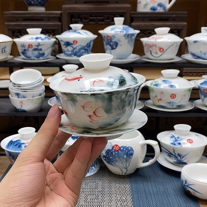 手绘水墨荷花盖碗釉下彩微瑕福利
