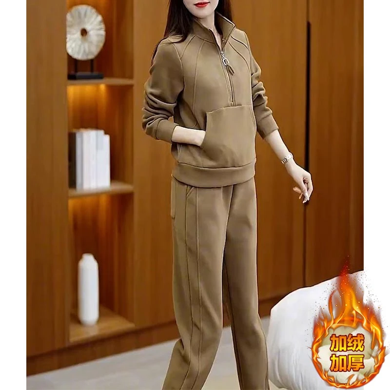 时尚加绒加厚卫衣长裤两件套女士2024冬季新款休闲运动小个子套装