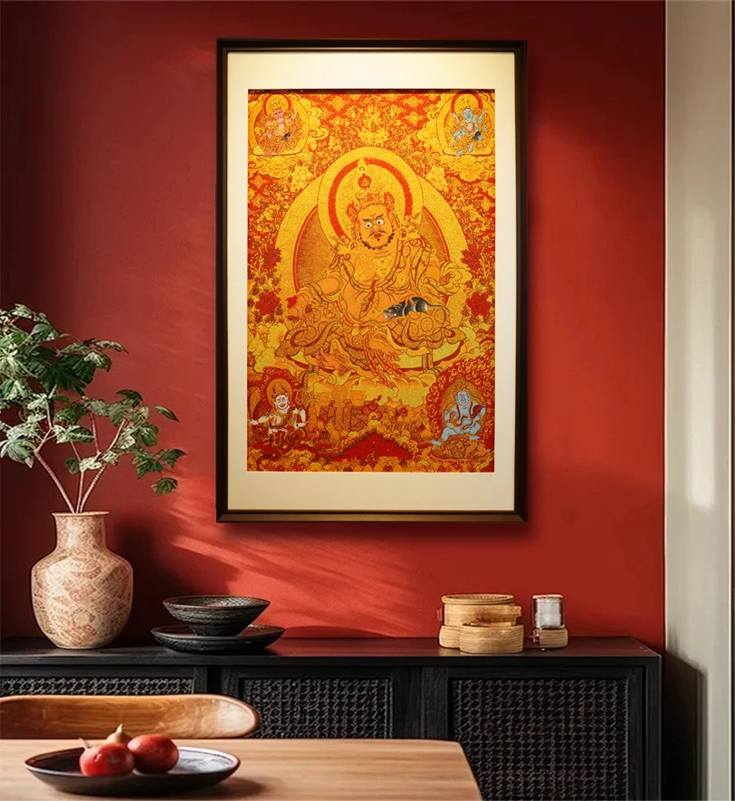 唐卡刺绣五路财神菩萨挂画茶室玄关办公室背景墙沙发入户装裱