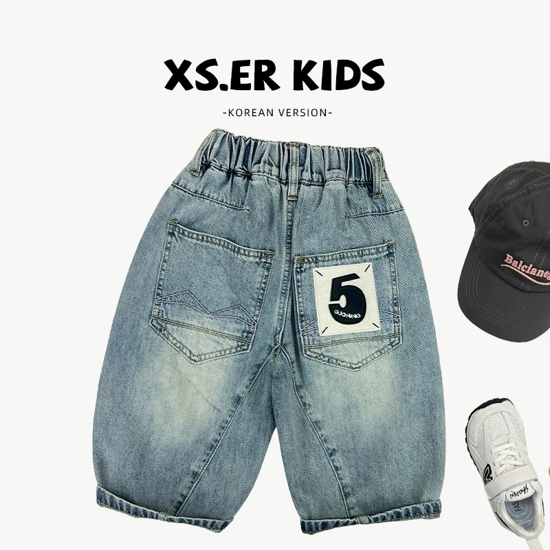 【小首尔】原版-现货-男童韩版贴标牛仔裤夏季宽松七分裤HBB7103
