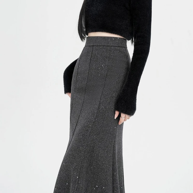 灰色亮片毛呢半身裙女秋冬新款高腰显瘦中长款垂感包臀A字鱼尾裙