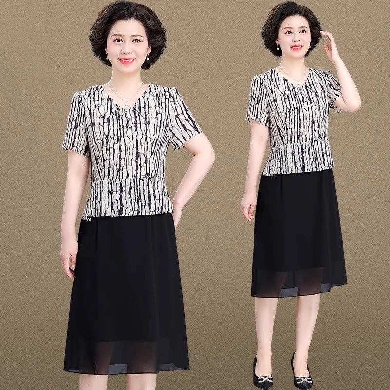 罗蒙中年妈妈连衣裙假两件2025新款中老年女装贵夫人夏季雪纺裙子