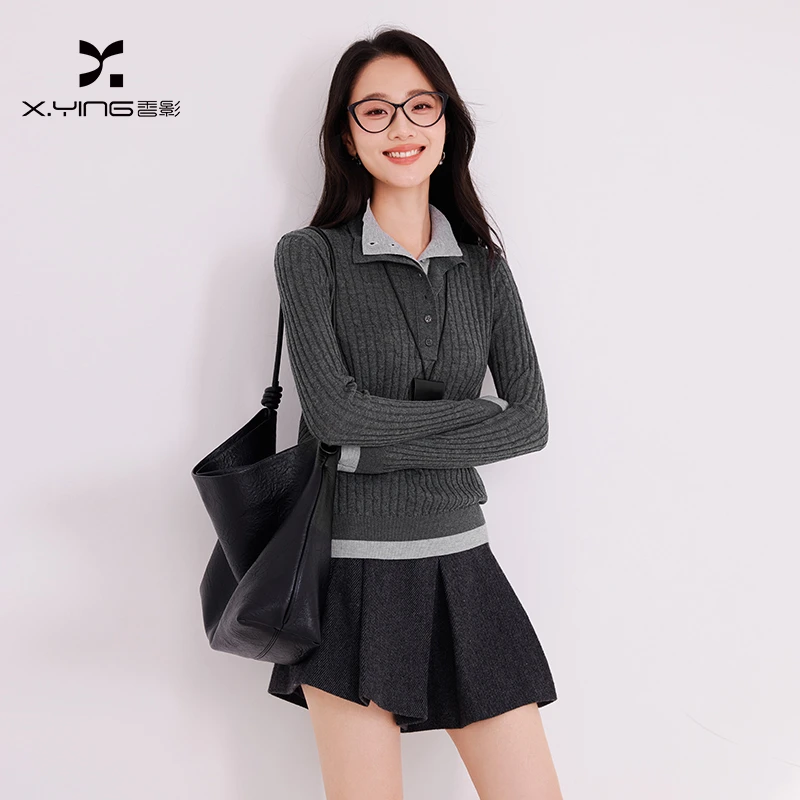 【直播专享】M85W036毛针织衫 香影polo领假两件针织衫女冬季新款