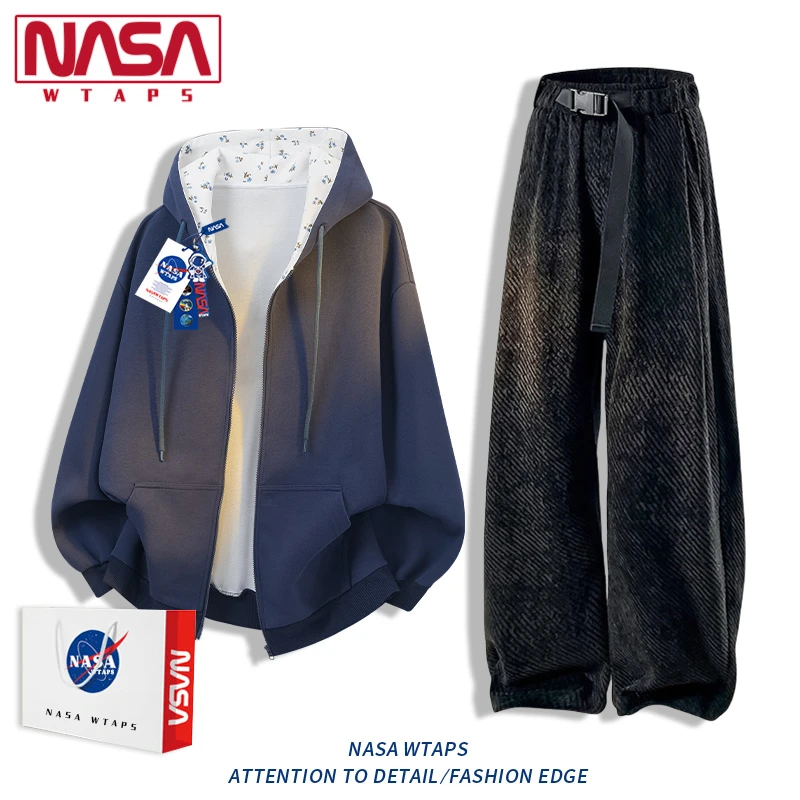 NASA WTAPS潮牌碎花卫衣套装男款春季新款情侣连帽夹克外套长裤装