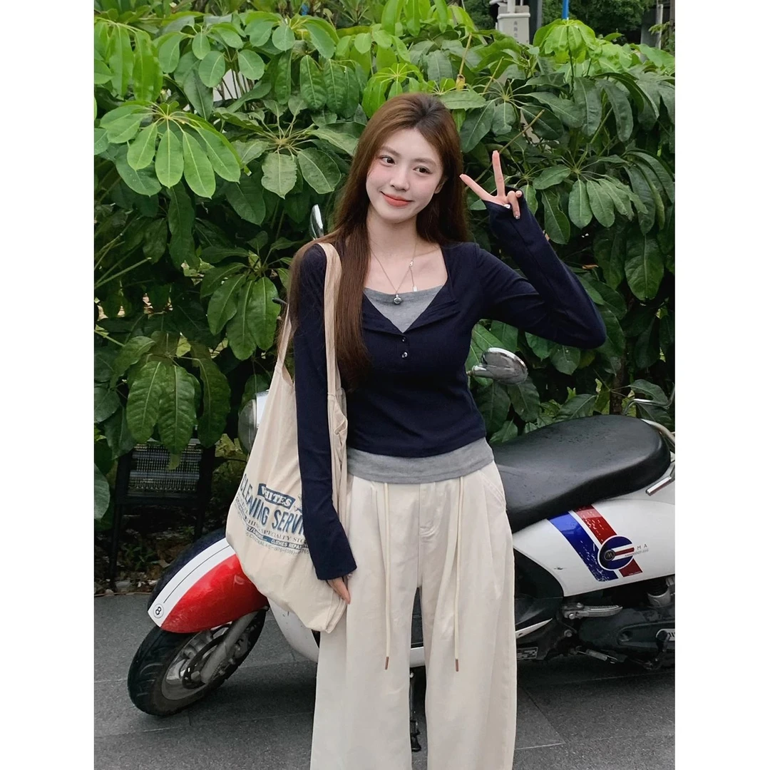 春季穿搭设计感撞色假两件上衣女复古V领修身显瘦T恤2025春秋新款