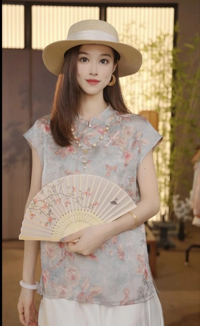CJ 【蓝灵】新中式2025夏季气质百搭提花立领短袖上衣女180