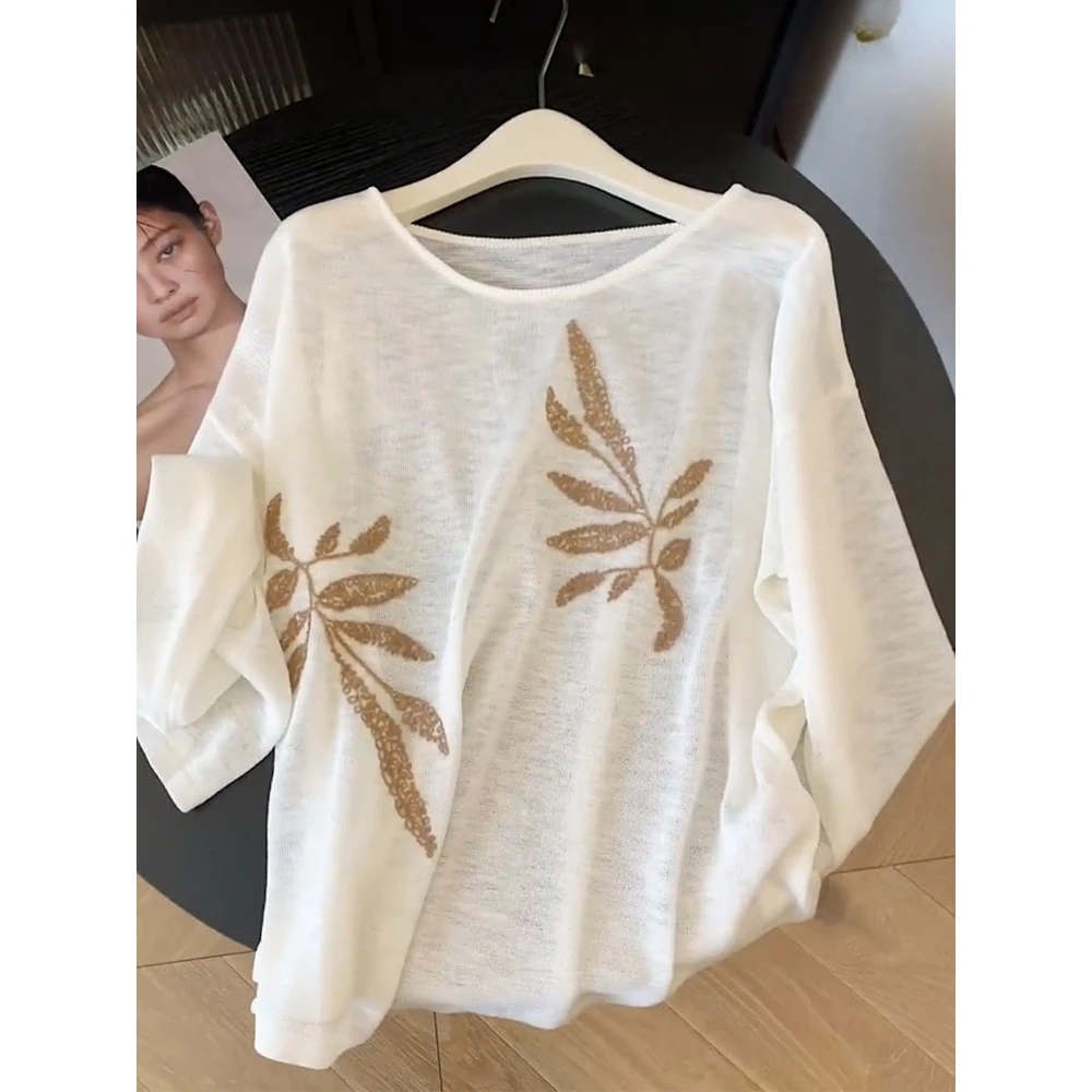 一眼就喜欢上了！设计感刺绣长袖T恤女2025早秋巨好看薄款宽松上衣